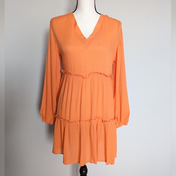 Orange long lantern sleeve ruffle hem frilled dress size S - Picture 1 of 8